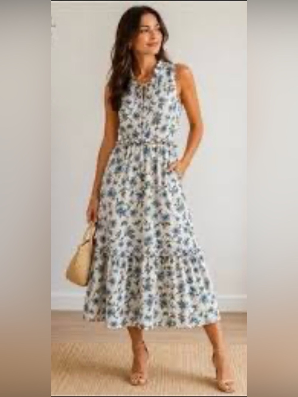 J. Crew Factory White Flora Tiered Ruffle Midi Dress w/Blue & Green Floral Print